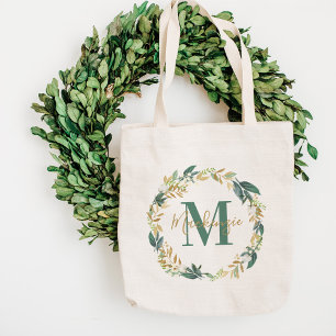 Groene Gouden Bloemenkrans Aangepaste Monogram Tote Bag