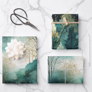 Groene Gouden Bomen Kerst Inpakpapier Vel