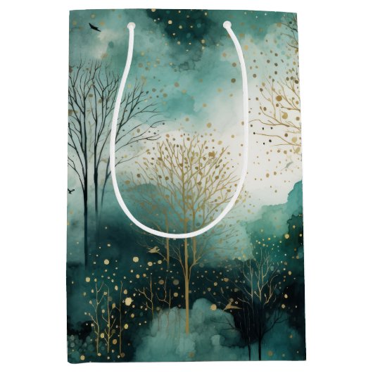 Groene Gouden Bomen Kerst Medium Cadeauzakje (Voorkant)