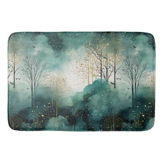Groene Gouden Bomen Met Vogels Kerstmis Badmat (Voorkant)