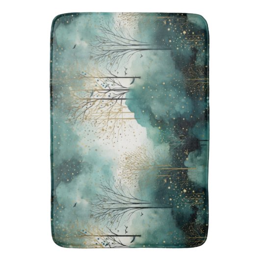 Groene Gouden Bomen Met Vogels Kerstmis Badmat (Voorkant Verticaal)