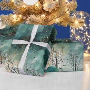 Groene Gouden Bomen Met Vogels Kerstmis Cadeaupapier