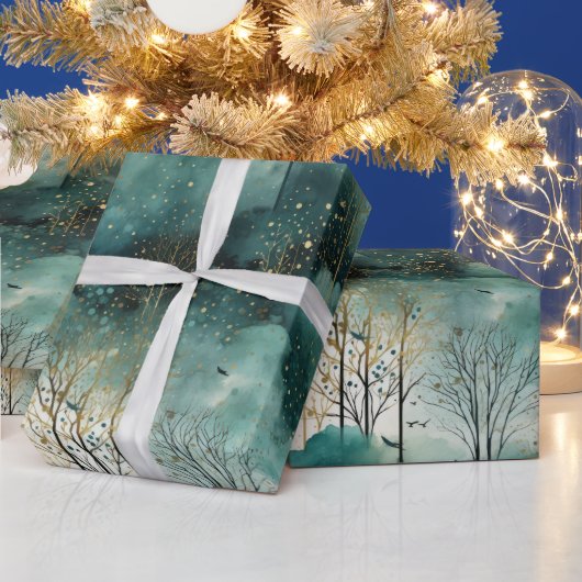 Groene Gouden Bomen Met Vogels Kerstmis Cadeaupapier (Feestdagen)