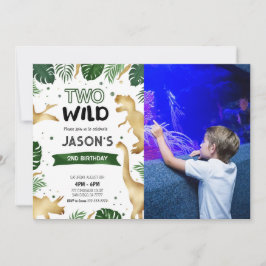 Groene & Gouden Dinosaurus Verjaardagsfeestfoto Kaart