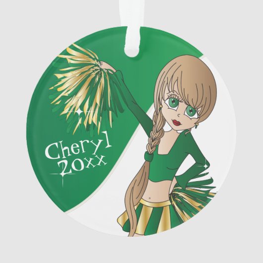 Groene, gouden en witte Cheerleader Girl 📣 Ornament (achterkant)