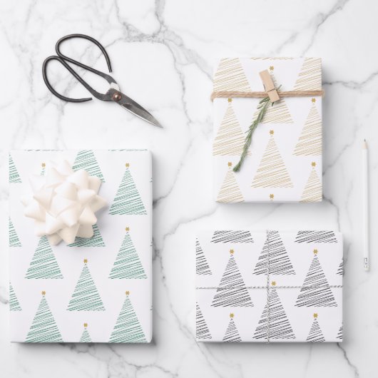 Groene, gouden en zwarte lijn kerstbomen inpakpapier vel (Voorkant)