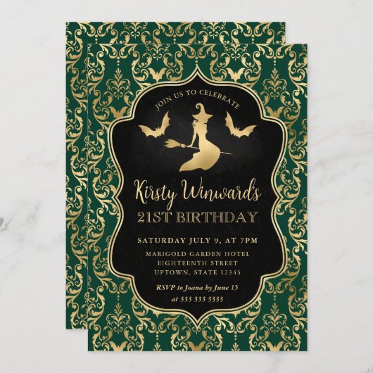 Groene gouden heks en vleermuizen Damask 21ste ver Kaart (Voorkant / Achterkant)