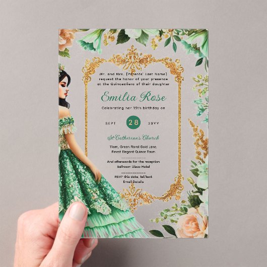 Groene gouden jurk Quinceañera Emerald Mis Quince Acryl Uitnodigingen (Insitu (Draagbaar))