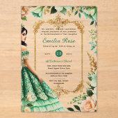 Groene gouden jurk Quinceañera Emerald Mis Quince Acryl Uitnodigingen (Voorkant)