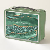 Groene gouden metalen lunchbox met aangepaste naam (Achterkant)
