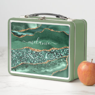 Groene gouden metalen lunchbox met aangepaste naam