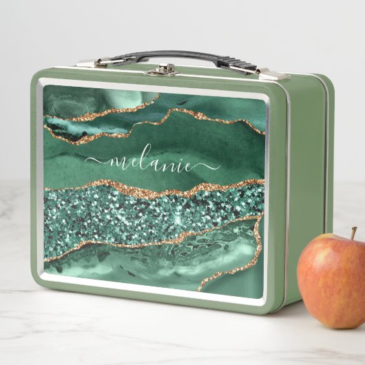 Groene gouden metalen lunchbox met aangepaste naam (In situ)