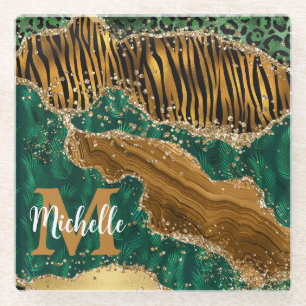 Groene & Gouden Safari Dier Glitter Agate Monogram Glazen Onderzetter