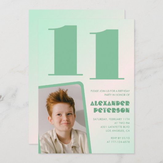 Groene gradiënt 11e verjaardag uitnodigingen Boy P (Voorkant / Achterkant)