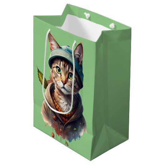 Groene graffiti kattencadeau tas medium cadeauzakje (Voorkant Gekanteld)