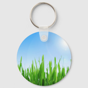 Groene gras tuin met blauwe lucht ontwerp sleutelhanger