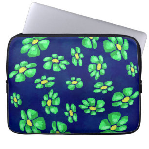 Groene grillige bloemen madeliefjes op blauwe acht laptop sleeve