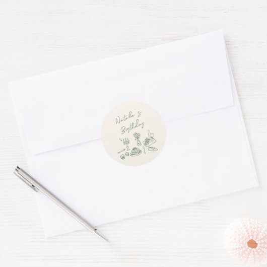 Groene Hand Geschreven Getekend Servies Verjaardag Ronde Sticker (Envelop)