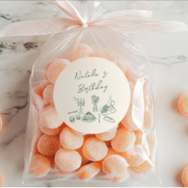 Groene Hand Geschreven Getekend Servies Verjaardag Ronde Sticker