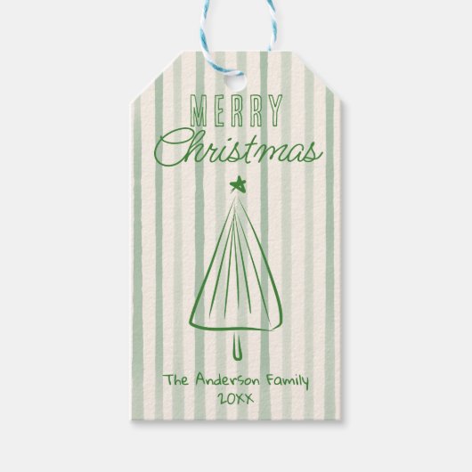 Groene Hand Getrokken Kerst Abstracte Boom Cadeaulabel (Voorkant)