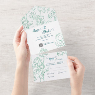Groene Hand Getrokken Peony Bloemen Wedding All In One Uitnodiging
