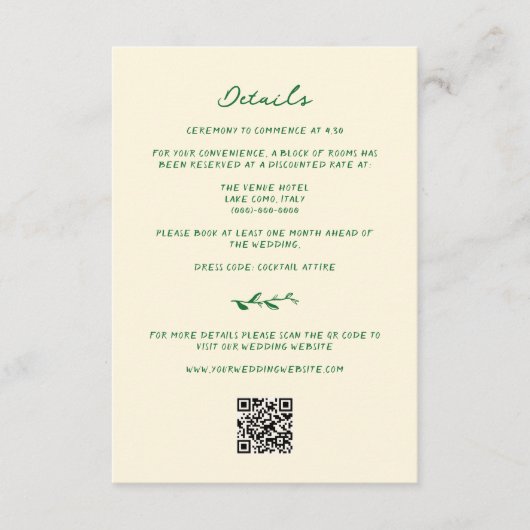 Groene Hand Getrokken Trouwdetails QR Code Informatiekaartje (Voorkant)