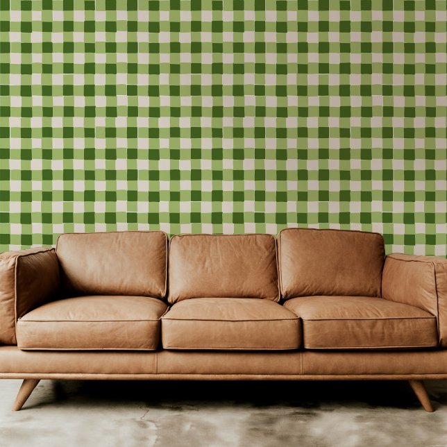 Groene handgetekende geruite geruite geruite behang (Playful green on green hand-drawn checkered plaid modern peel and stick wallpaper.)