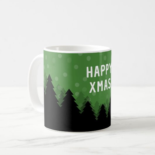 Groene Happy Xmas mok met bos, bomen en sneeuw (Voorkant links)