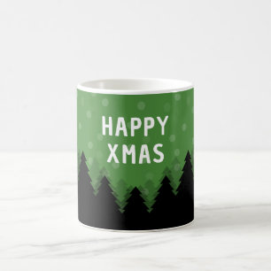 Groene Happy Xmas mok met bos, bomen en sneeuw