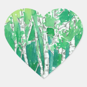 Groene Hart Aspen Bomen Pen en Ink Art Sticker