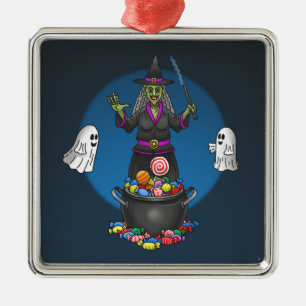 Groene Heks en Geesten Halloween Snoep of een Leug Metalen Ornament