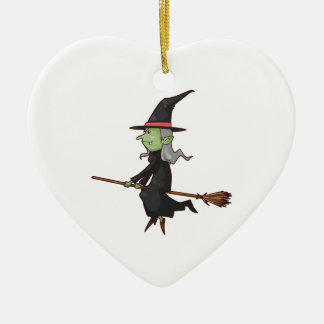 Groene heks met grijze haarvlieger op Broomstick Keramisch Ornament