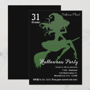 Groene Heks Vliegende Bezem Halloween Feest Kaart