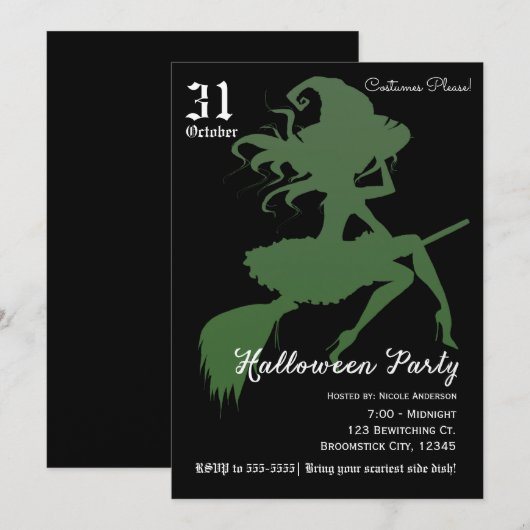 Groene Heks Vliegende Broomstick Halloween Feest Kaart (Voorkant / Achterkant)