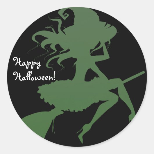 Groene Heks Vliegende Broomstick Halloween Feest Ronde Sticker (Voorkant)