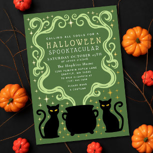 Groene Hekserige Zwarte Kat Ketel Halloween Feest Folie Uitnodiging