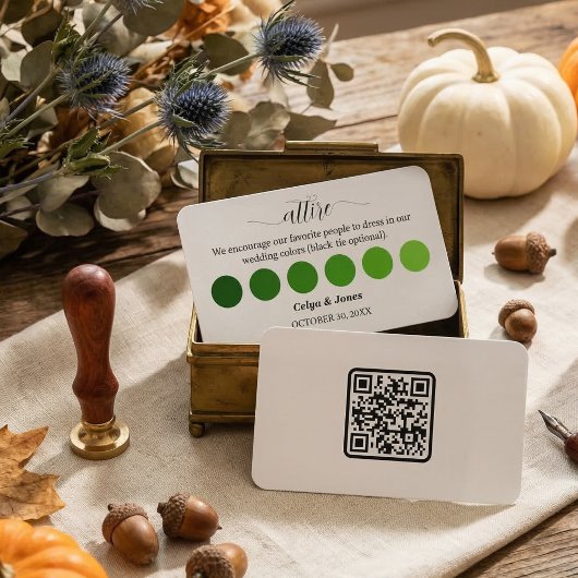 Groene herfst trouwkleding kledingscode palet informatiekaartje