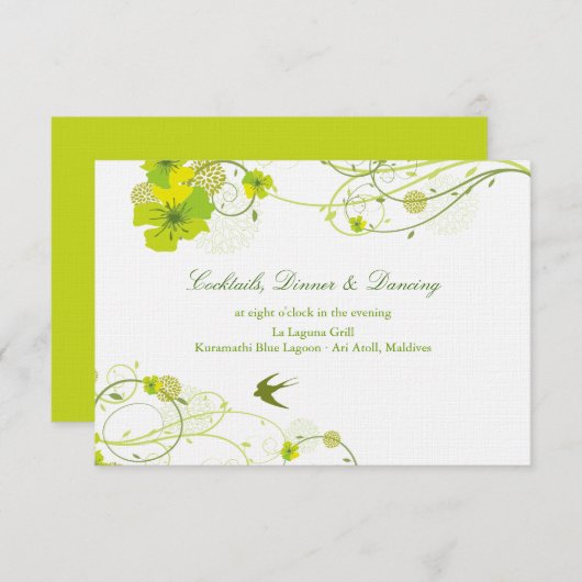 Groene Hibiscus Swirls & Swallows Floral Wedding Informatiekaartje (Voorkant / Achterkant)