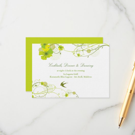 Groene Hibiscus Swirls & Swallows Floral Wedding Informatiekaartje (Voorkant / Achterkant in situ)