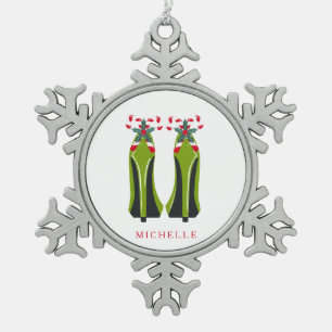 Groene Hoge Hakken met Candy Canes Tin Sneeuwvlok Ornament