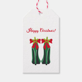 Groene hoge hakken met kerststrikken cadeaulabel