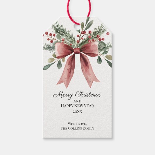 Groene Holly Berries Waterverf Red Bow Christmas Cadeaulabel (Voorkant)