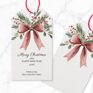 Groene Holly Berries Waterverf Red Bow Christmas Cadeaulabel