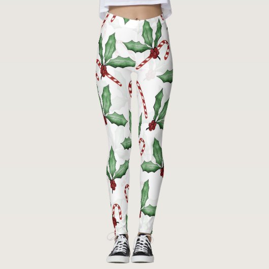 Groene Holly Leaves Red Berries Candy Cane Paint Leggings (Voorkant)