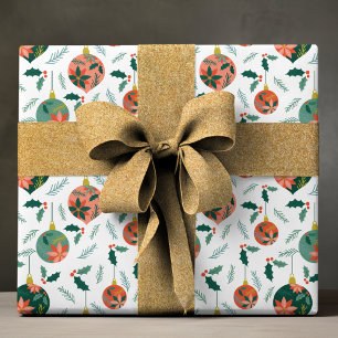 Groene Holly Rode Poinsettia Kerstbal Cadeaupapier