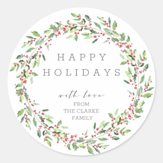 Groene Hulst Krans Gelukkig Kerstfeest Sticker (Voorkant)