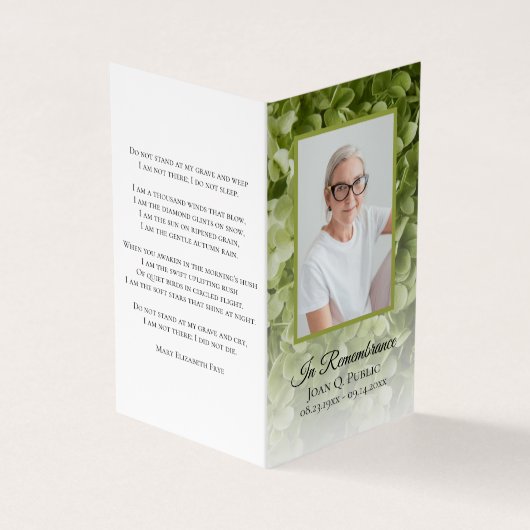 Groene Hydrangea Bloemen Begrafenis Gebed Visitekaartjes (Buitenkant)