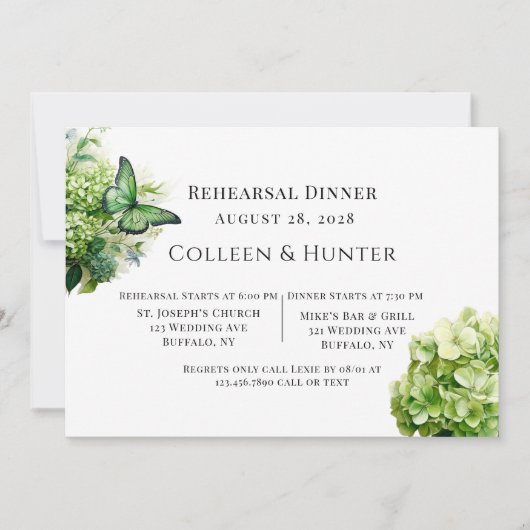Groene Hydrangea Bloemenvlinder repetitie diner Kaart (Voorkant)