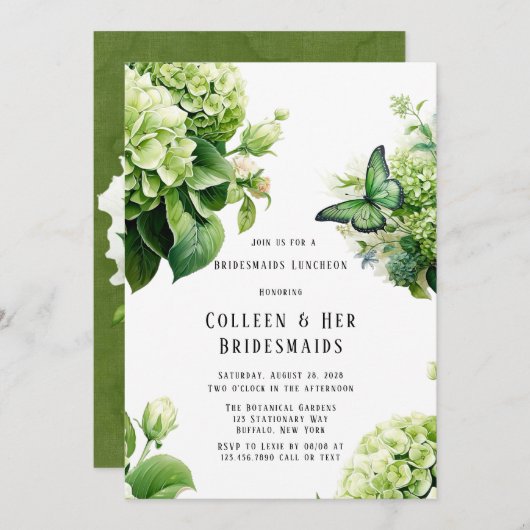 Groene Hydrangea Vlinder Bruidsmeisjes Luncheon Kaart (Voorkant / Achterkant)
