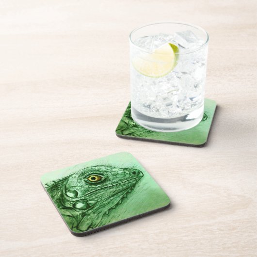 Groene Iguana 6 Onderzetters set, realistische tek (Rechterzijde)